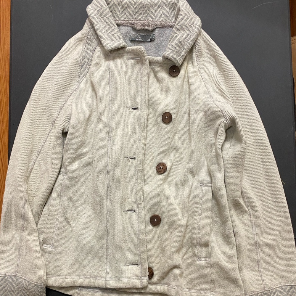 Prana Cream Pea Coat with Brown Buttons